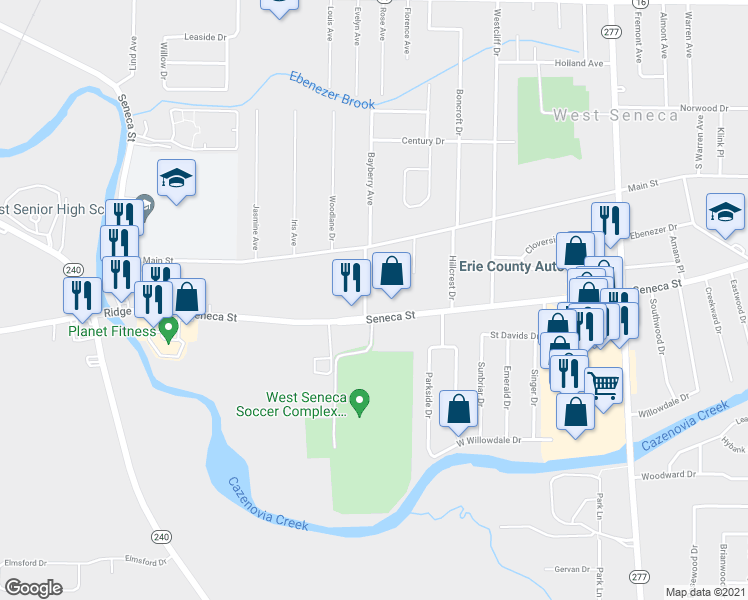 map of restaurants, bars, coffee shops, grocery stores, and more near 25 Hilldale Avenue in Buffalo
