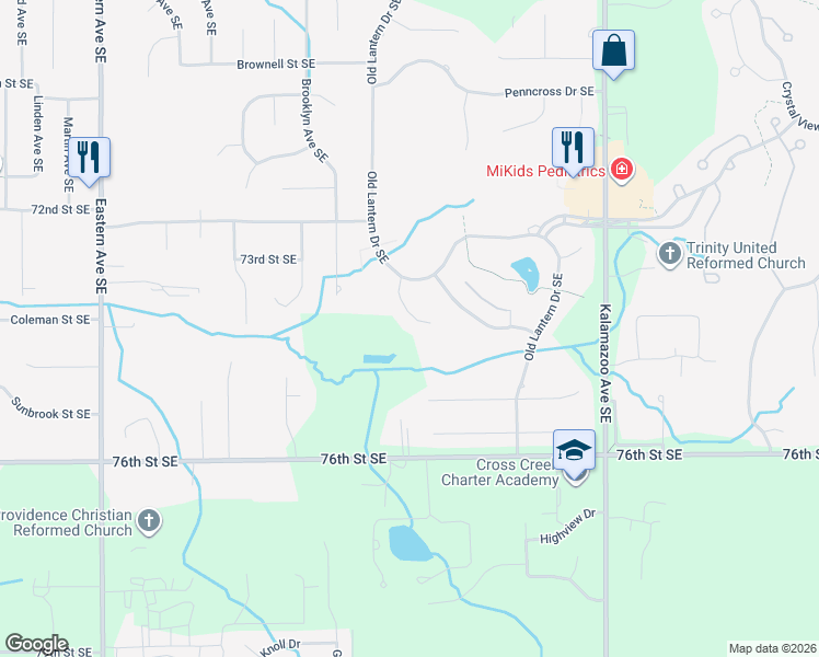 map of restaurants, bars, coffee shops, grocery stores, and more near 7385 Heather Ridge Court Southeast in Caledonia