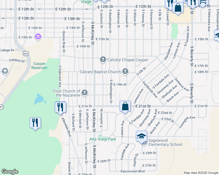 map of restaurants, bars, coffee shops, grocery stores, and more near 1931 South Washington Street in Casper