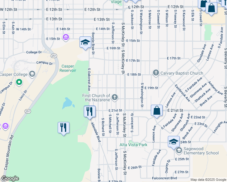 map of restaurants, bars, coffee shops, grocery stores, and more near 844 East 20th Street in Casper