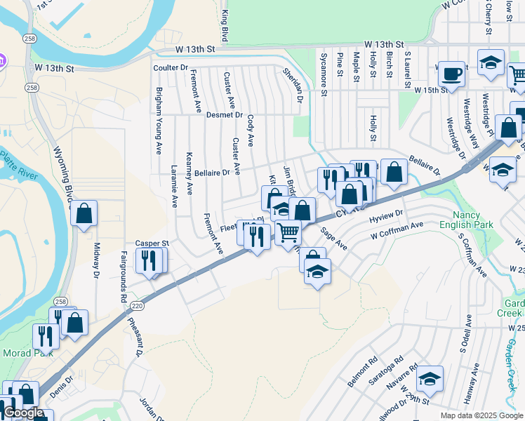 map of restaurants, bars, coffee shops, grocery stores, and more near 2501-2699 Fleetwood Place in Casper