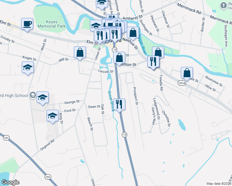 map of restaurants, bars, coffee shops, grocery stores, and more near 221 South Street in Milford