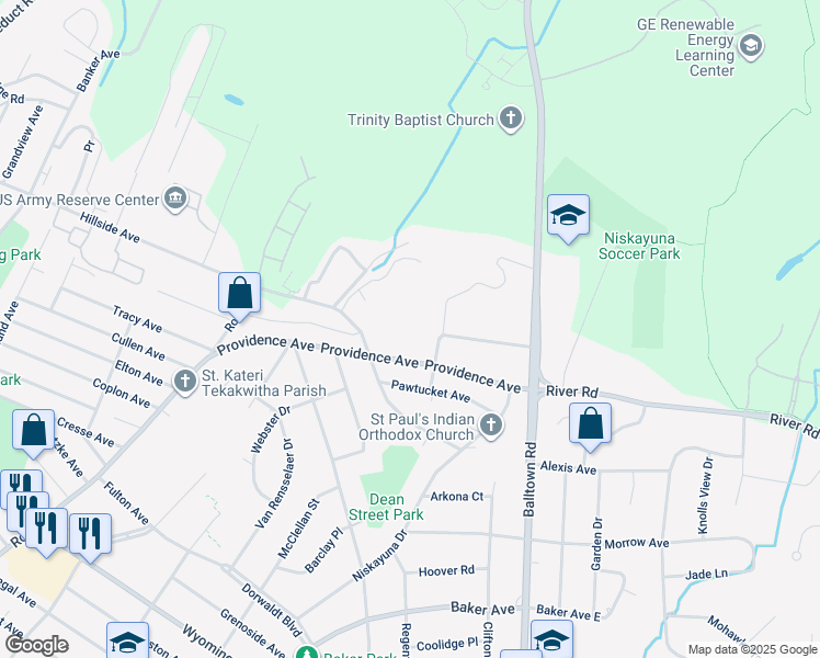 map of restaurants, bars, coffee shops, grocery stores, and more near 1817 Providence Avenue in Schenectady County