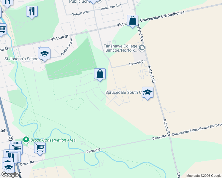 map of restaurants, bars, coffee shops, grocery stores, and more near 194 Donly Drive South in Simcoe