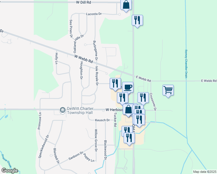 map of restaurants, bars, coffee shops, grocery stores, and more near 12900 South US Highway 27 in DeWitt