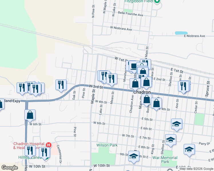 map of restaurants, bars, coffee shops, grocery stores, and more near 301-399 Lake Street in Chadron