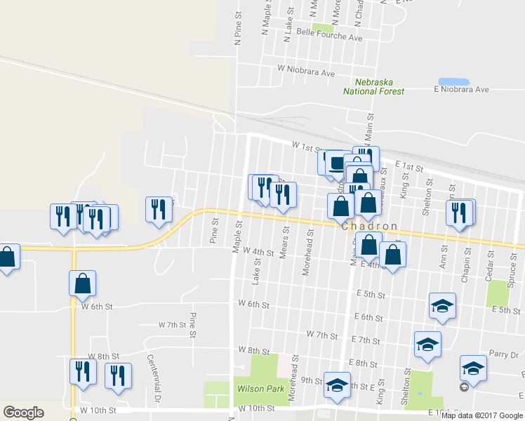 map of restaurants, bars, coffee shops, grocery stores, and more near 399 Lake Street in Chadron
