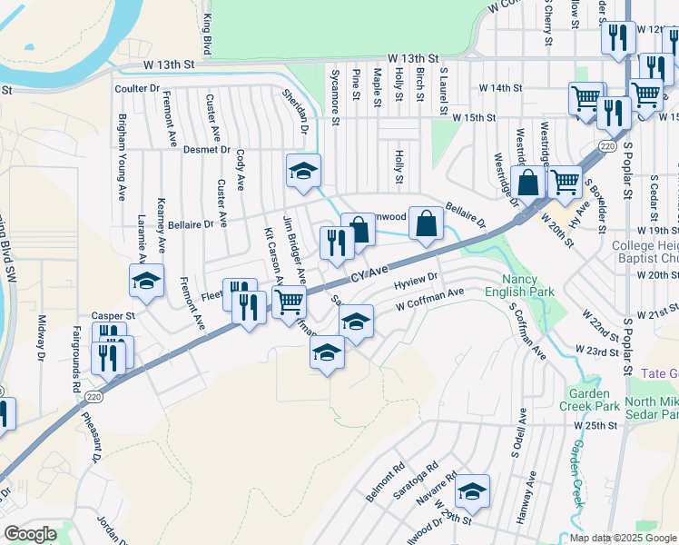 map of restaurants, bars, coffee shops, grocery stores, and more near 2654 CY Ave in Casper