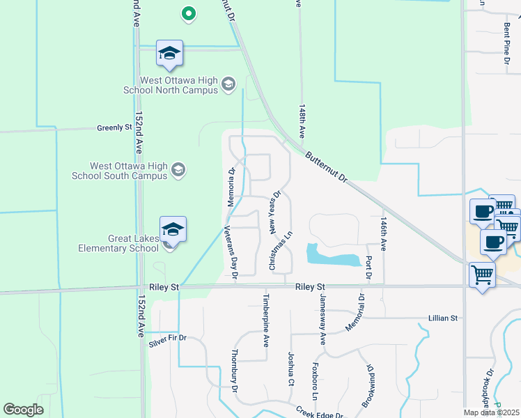 map of restaurants, bars, coffee shops, grocery stores, and more near 3611 Butternut Drive in Holland