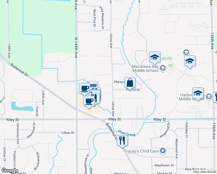 map of restaurants, bars, coffee shops, grocery stores, and more near 14208 Ottawa Creek Lane in Holland