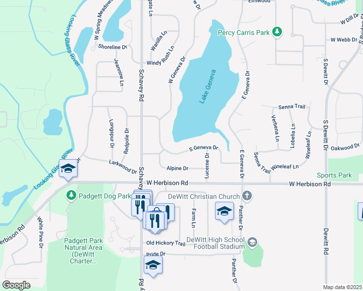 map of restaurants, bars, coffee shops, grocery stores, and more near 1225 South Geneva Drive in DeWitt