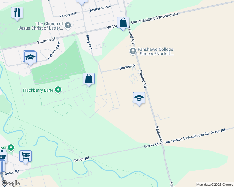 map of restaurants, bars, coffee shops, grocery stores, and more near 228 Donly Drive South in Simcoe