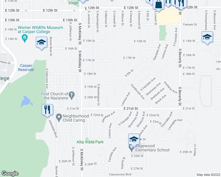 map of restaurants, bars, coffee shops, grocery stores, and more near 1327 East 19th Street in Casper