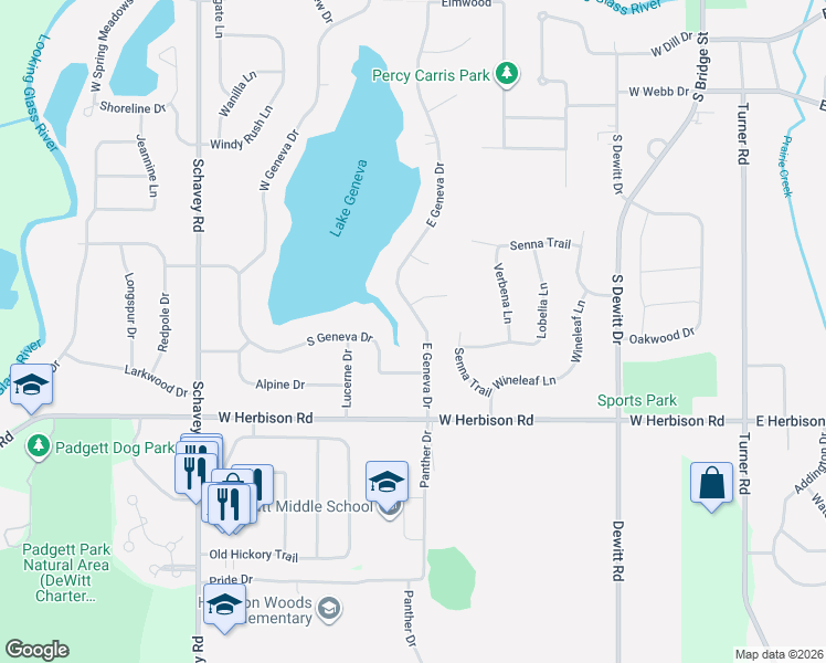 map of restaurants, bars, coffee shops, grocery stores, and more near 1104 South Geneva Drive in DeWitt