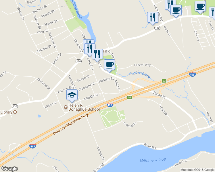 map of restaurants, bars, coffee shops, grocery stores, and more near 99 Bartlett Street in Merrimac
