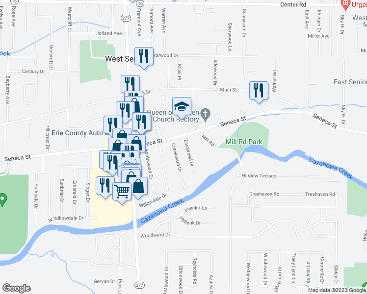 map of restaurants, bars, coffee shops, grocery stores, and more near 64 Eastwood Drive in Buffalo