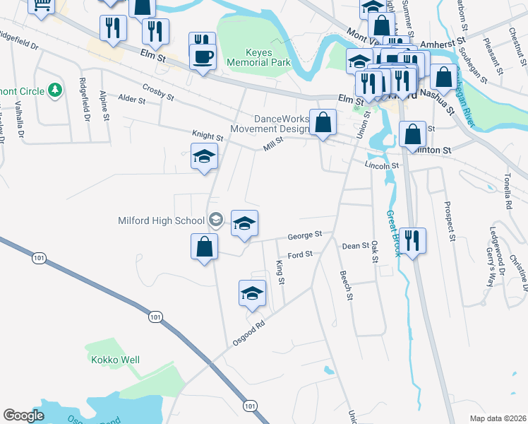 map of restaurants, bars, coffee shops, grocery stores, and more near 41 George Street in Milford