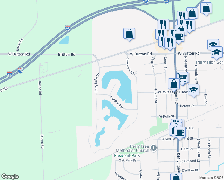 map of restaurants, bars, coffee shops, grocery stores, and more near Peninsula Court in Perry