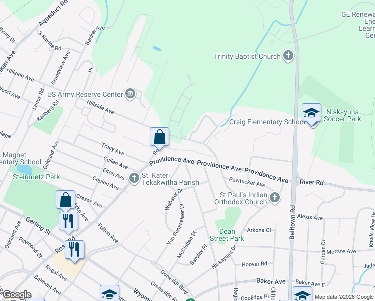 map of restaurants, bars, coffee shops, grocery stores, and more near 99 Randi Road in Schenectady County