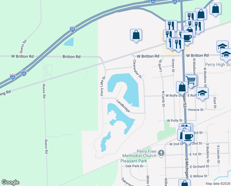 map of restaurants, bars, coffee shops, grocery stores, and more near 411 Perry Lake Drive in Perry