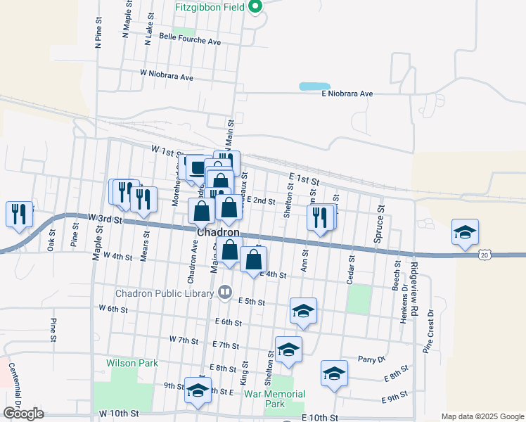 map of restaurants, bars, coffee shops, grocery stores, and more near 228 King Street in Chadron