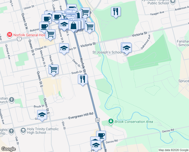 map of restaurants, bars, coffee shops, grocery stores, and more near Woodhouse Street in Simcoe