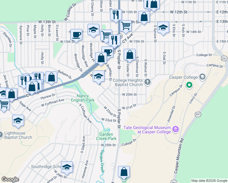map of restaurants, bars, coffee shops, grocery stores, and more near 1901-1999 S Boxelder St in Casper