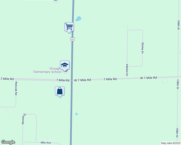 map of restaurants, bars, coffee shops, grocery stores, and more near 12084 7 Mile Road in Racine County