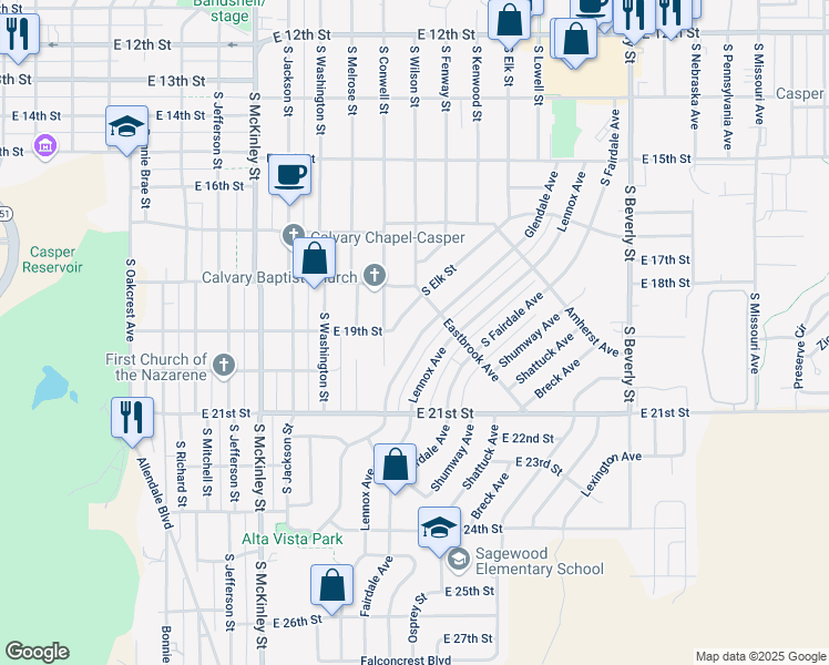 map of restaurants, bars, coffee shops, grocery stores, and more near 1835 South Elk Street in Casper