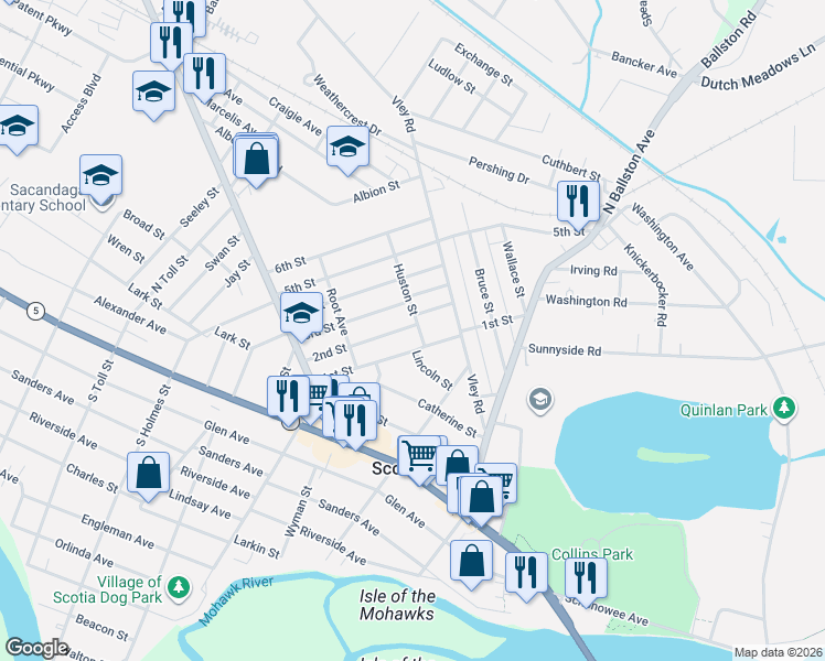 map of restaurants, bars, coffee shops, grocery stores, and more near 104 Huston Street in Scotia