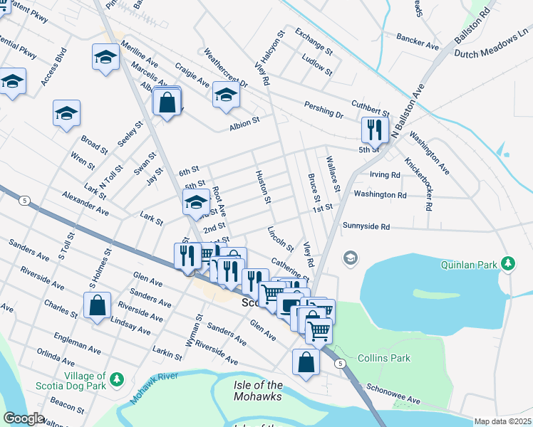 map of restaurants, bars, coffee shops, grocery stores, and more near 104 Huston Street in Scotia
