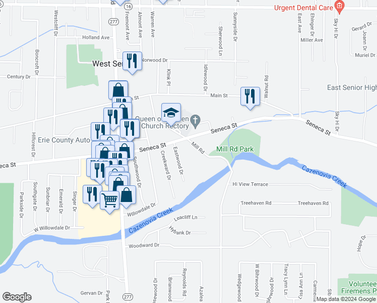 map of restaurants, bars, coffee shops, grocery stores, and more near 4225 Seneca Street in Buffalo