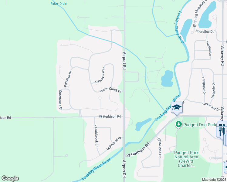 map of restaurants, bars, coffee shops, grocery stores, and more near 4143 Presidents Way in DeWitt