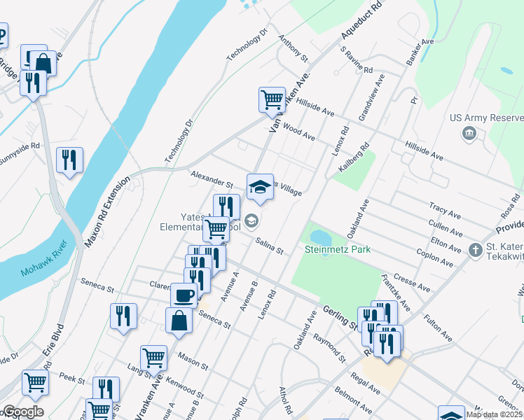 map of restaurants, bars, coffee shops, grocery stores, and more near 725 Salina Street in Schenectady