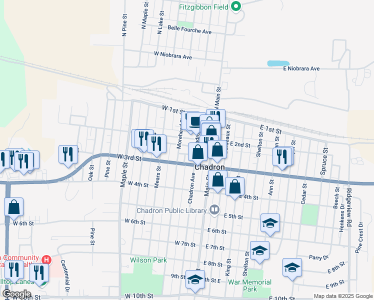 map of restaurants, bars, coffee shops, grocery stores, and more near 299 West 2nd Street in Chadron