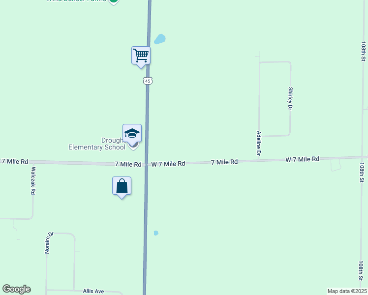 map of restaurants, bars, coffee shops, grocery stores, and more near 12084 7 Mile Road in Raymond