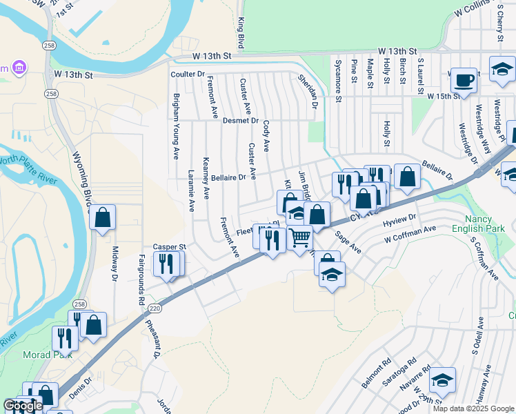 map of restaurants, bars, coffee shops, grocery stores, and more near 2705 Skylark Avenue in Casper