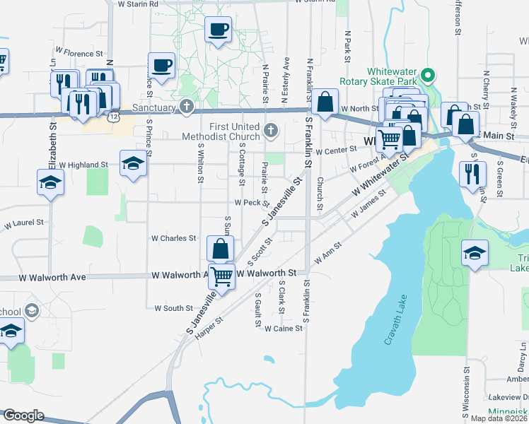 map of restaurants, bars, coffee shops, grocery stores, and more near 267 South Prairie Street in Whitewater