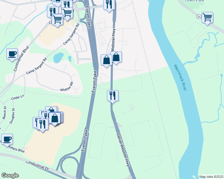 map of restaurants, bars, coffee shops, grocery stores, and more near 246 U.S. 3 in Merrimack
