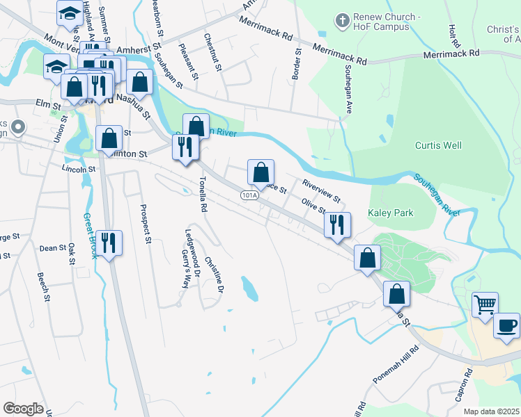 map of restaurants, bars, coffee shops, grocery stores, and more near 384 Nashua Street in Milford