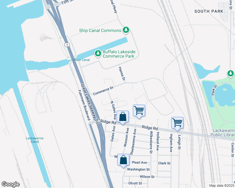 map of restaurants, bars, coffee shops, grocery stores, and more near 101-171 Commerce Dr in Lackawanna