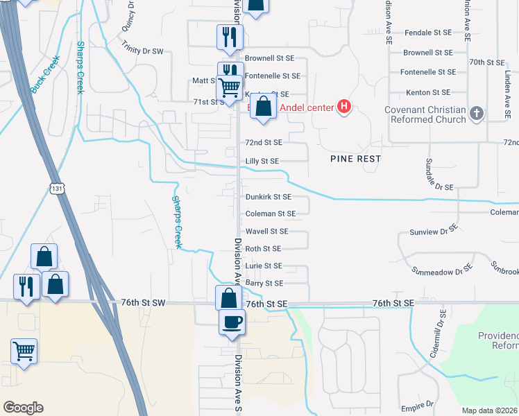 map of restaurants, bars, coffee shops, grocery stores, and more near 56 Dunkirk Street Southeast in Kentwood