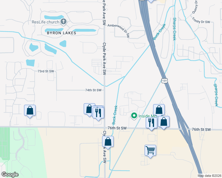 map of restaurants, bars, coffee shops, grocery stores, and more near 7350 Clyde Park Avenue Southwest in Byron Center
