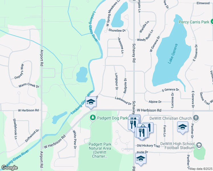 map of restaurants, bars, coffee shops, grocery stores, and more near 1225 Sandhill Drive in DeWitt