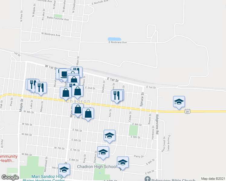 map of restaurants, bars, coffee shops, grocery stores, and more near 500 East 2nd Street in Chadron