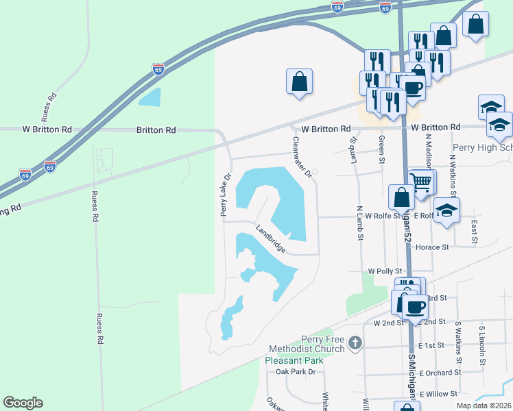 map of restaurants, bars, coffee shops, grocery stores, and more near Peninsula Court in Perry