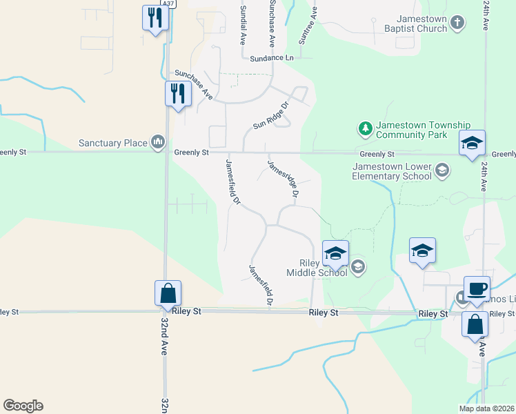 map of restaurants, bars, coffee shops, grocery stores, and more near 3466 Jamesfield Drive in Hudsonville