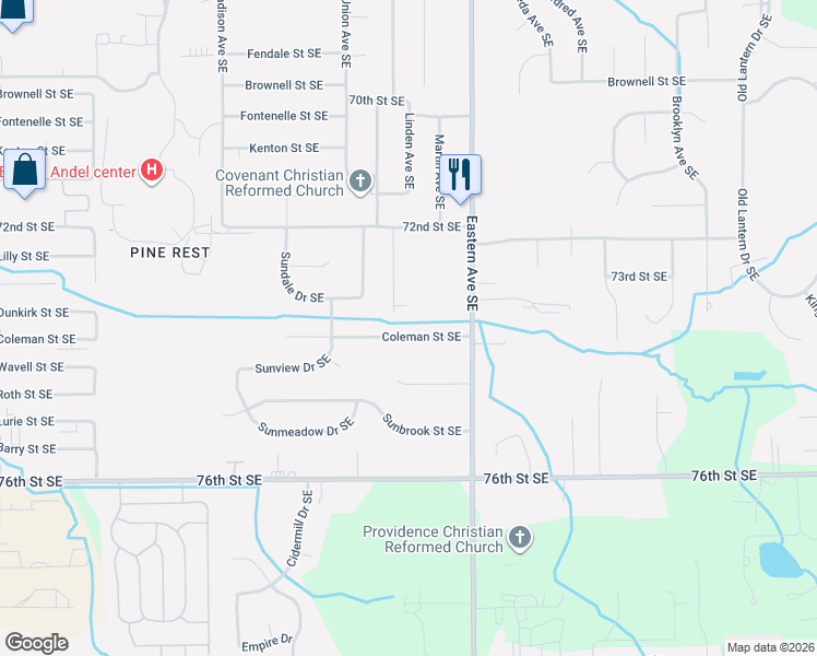 map of restaurants, bars, coffee shops, grocery stores, and more near 700 Dawn Street Southeast in Grand Rapids