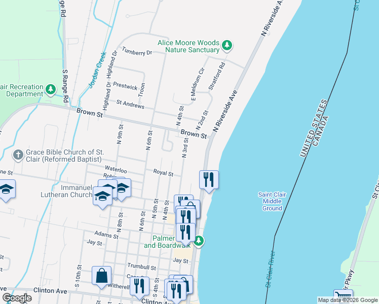 map of restaurants, bars, coffee shops, grocery stores, and more near 679 North 3rd Street in Saint Clair