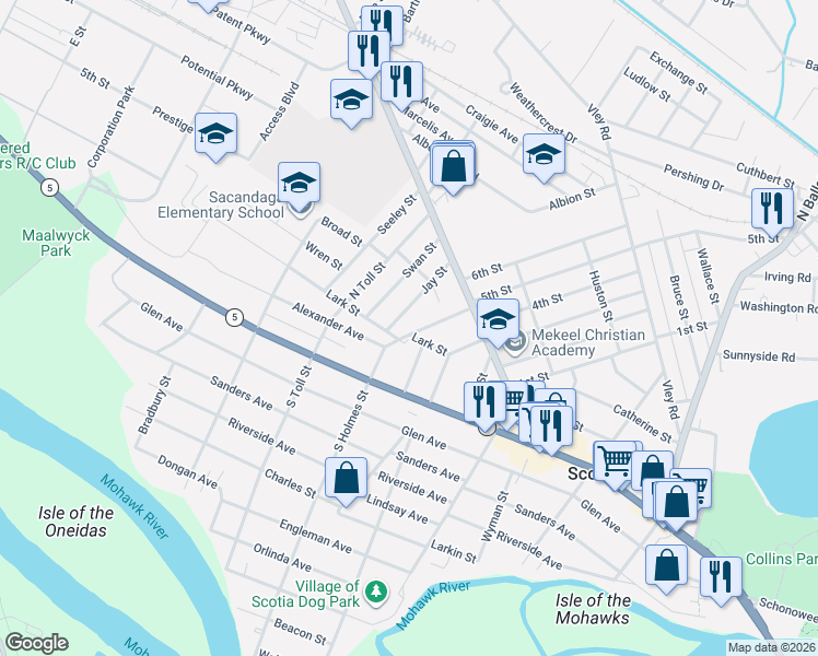 map of restaurants, bars, coffee shops, grocery stores, and more near 117 North Holmes Street in Scotia